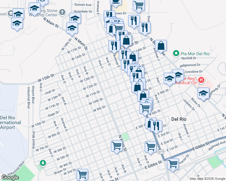 map of restaurants, bars, coffee shops, grocery stores, and more near 1205 Avenue C in Del Rio