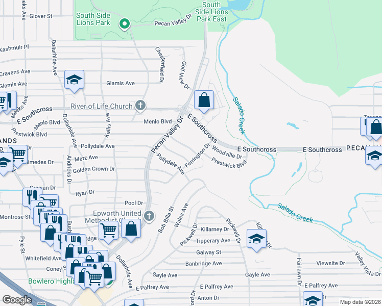 map of restaurants, bars, coffee shops, grocery stores, and more near 546 Prestwick Boulevard in San Antonio