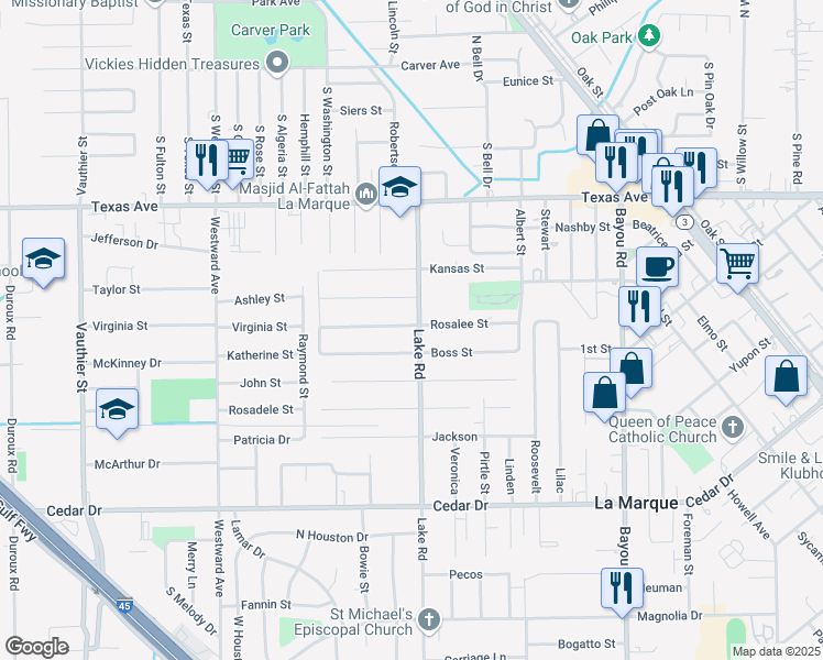 map of restaurants, bars, coffee shops, grocery stores, and more near 1901 Rosalee St in La Marque
