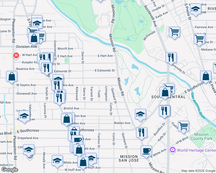 map of restaurants, bars, coffee shops, grocery stores, and more near 102 Livingston in San Antonio