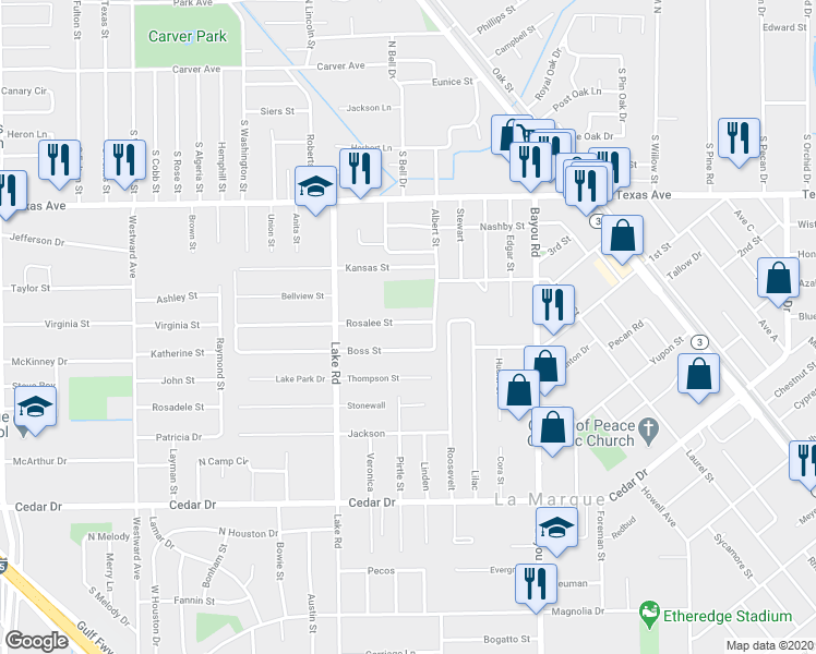 map of restaurants, bars, coffee shops, grocery stores, and more near 1708 Rosalee Street in La Marque