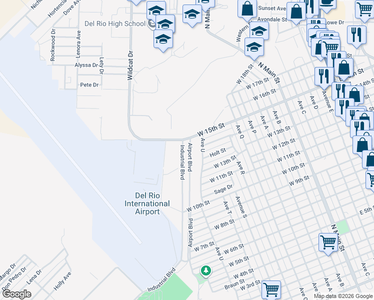 map of restaurants, bars, coffee shops, grocery stores, and more near 512 Airport Boulevard in Del Rio