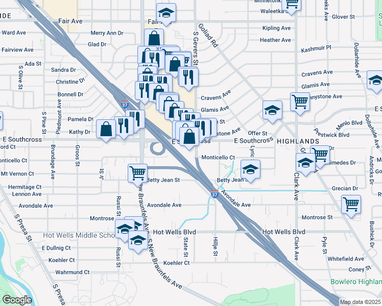 map of restaurants, bars, coffee shops, grocery stores, and more near 2362 South Gevers Street in San Antonio