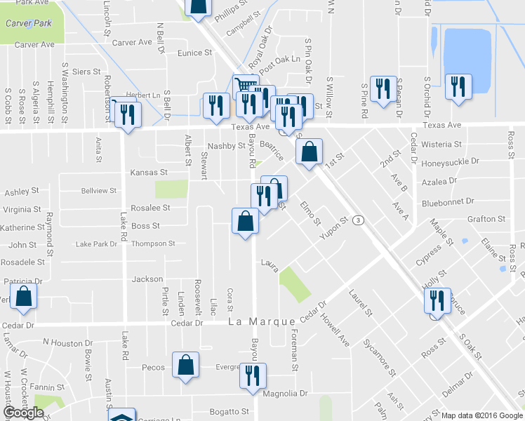 map of restaurants, bars, coffee shops, grocery stores, and more near 1318 1st St in La Marque