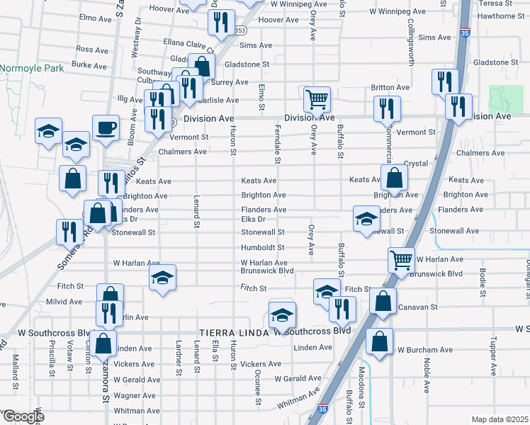 map of restaurants, bars, coffee shops, grocery stores, and more near 1220 Flanders Avenue in San Antonio