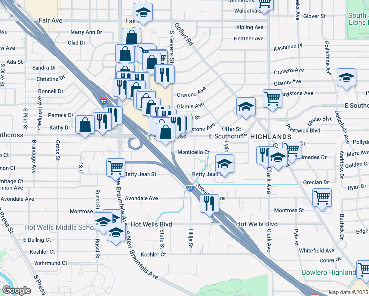 map of restaurants, bars, coffee shops, grocery stores, and more near 817 Monticello Court in San Antonio