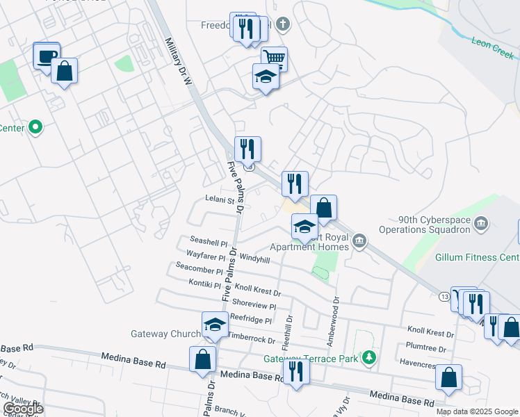 map of restaurants, bars, coffee shops, grocery stores, and more near 5470 West Military Drive in San Antonio