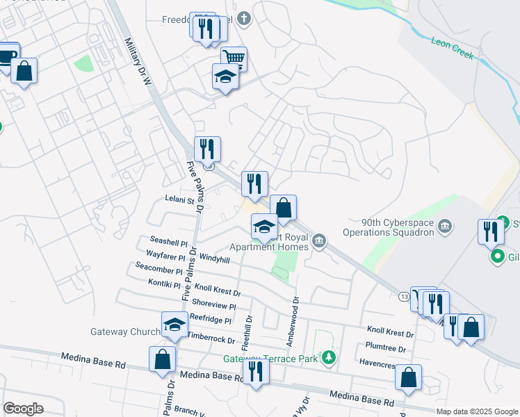 map of restaurants, bars, coffee shops, grocery stores, and more near 5414 West Military Drive in San Antonio