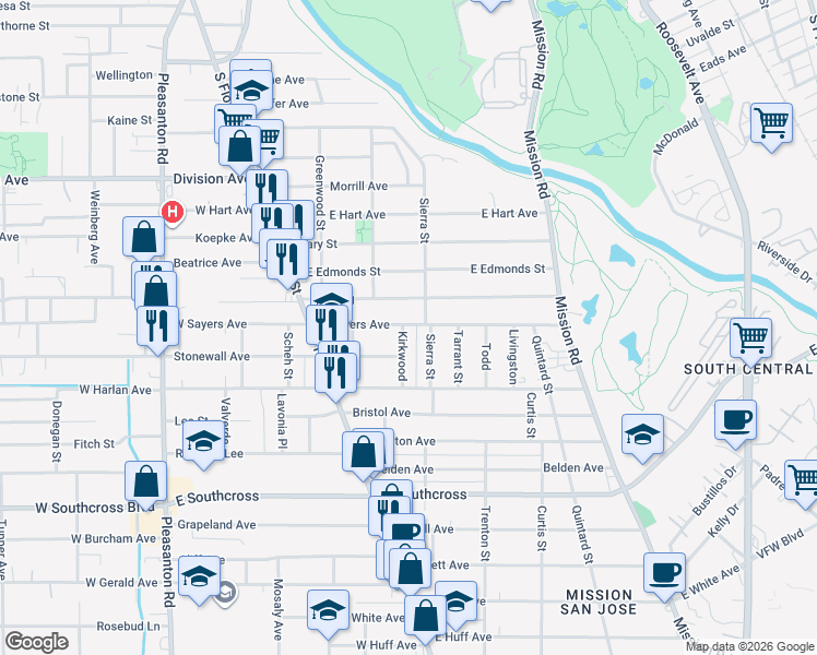 map of restaurants, bars, coffee shops, grocery stores, and more near 102 Kirkwood in San Antonio