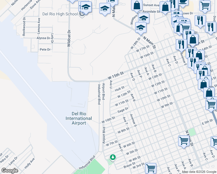 map of restaurants, bars, coffee shops, grocery stores, and more near 1512 Avenue U in Del Rio