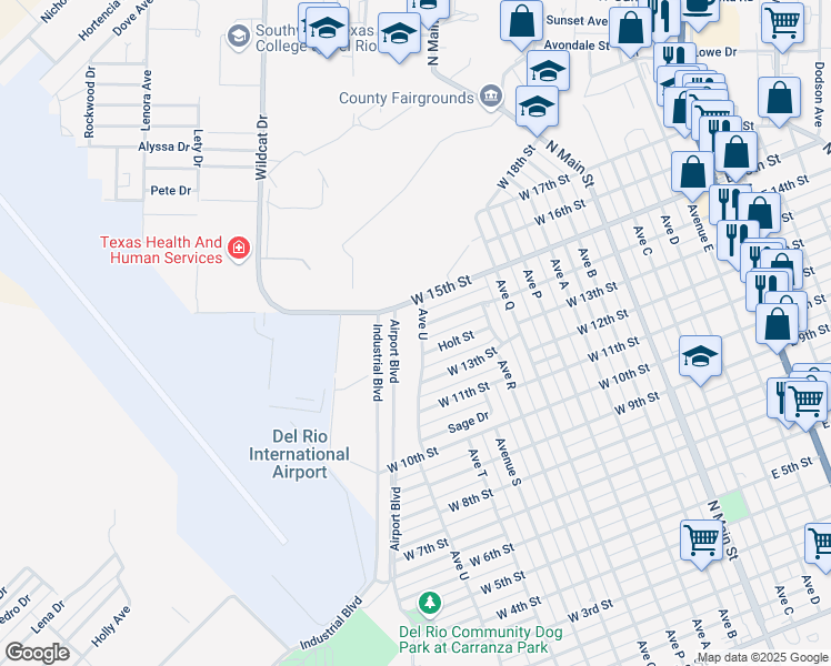 map of restaurants, bars, coffee shops, grocery stores, and more near 1512 Avenue U in Del Rio