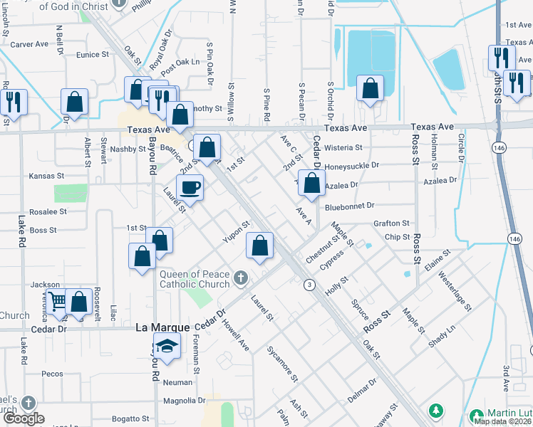 map of restaurants, bars, coffee shops, grocery stores, and more near 609 South Oak Street in La Marque