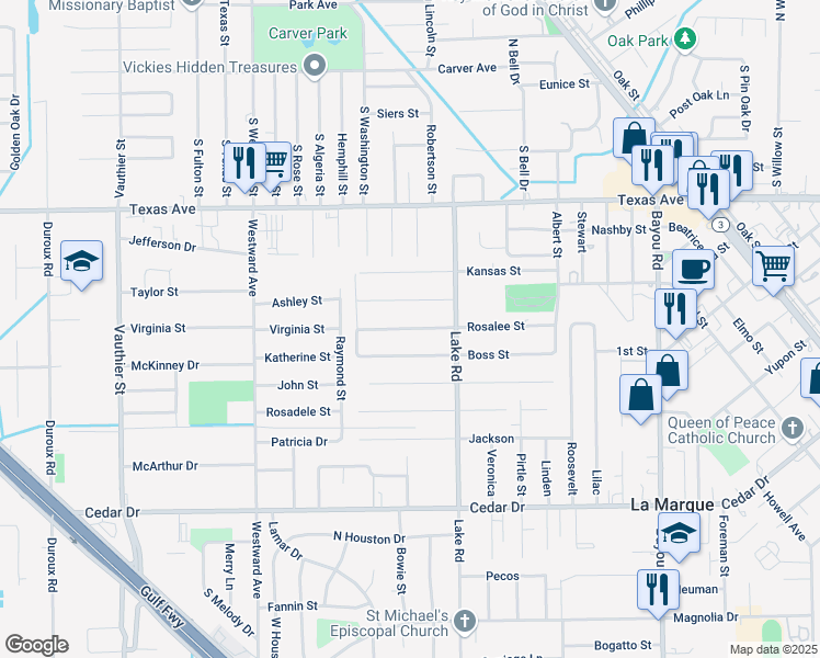 map of restaurants, bars, coffee shops, grocery stores, and more near 2017 Rosalee Street in La Marque