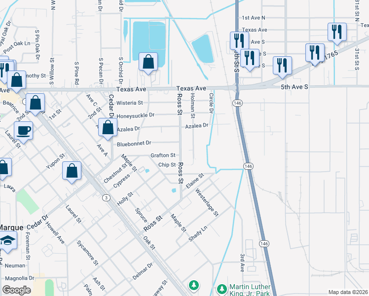 map of restaurants, bars, coffee shops, grocery stores, and more near 605 Ross Street in La Marque