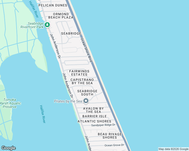 map of restaurants, bars, coffee shops, grocery stores, and more near 3360 Ocean Shore Boulevard in Ormond Beach