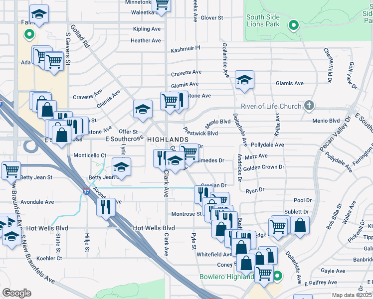 map of restaurants, bars, coffee shops, grocery stores, and more near 122 Eureka Drive in San Antonio