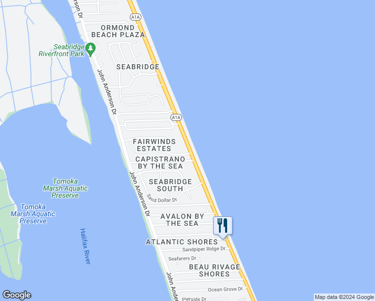 map of restaurants, bars, coffee shops, grocery stores, and more near 3360 Ocean Shore Boulevard in Ormond Beach