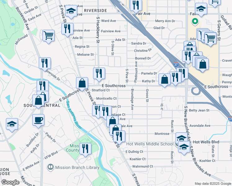 map of restaurants, bars, coffee shops, grocery stores, and more near 302 Stratford Court in San Antonio