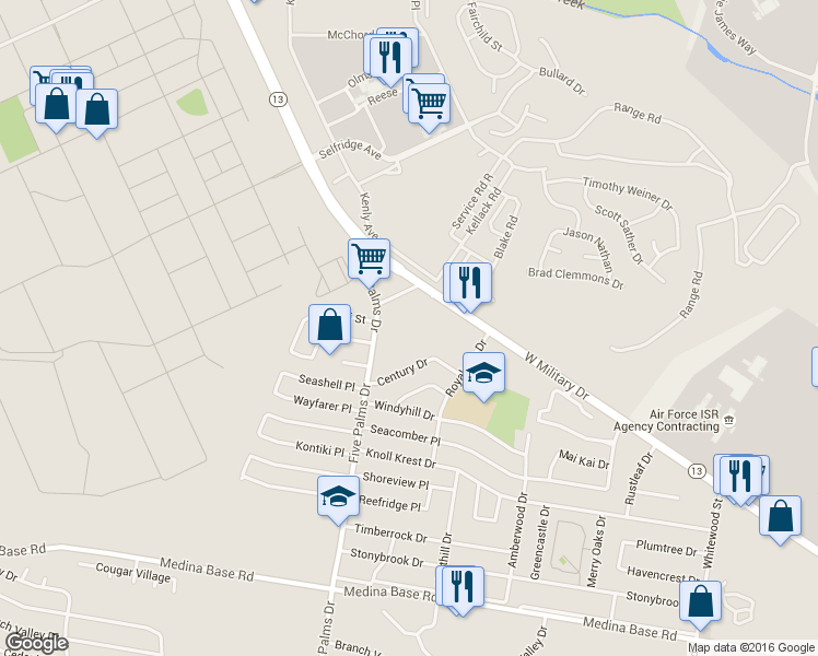 map of restaurants, bars, coffee shops, grocery stores, and more near 22 Five Palms Drive in San Antonio