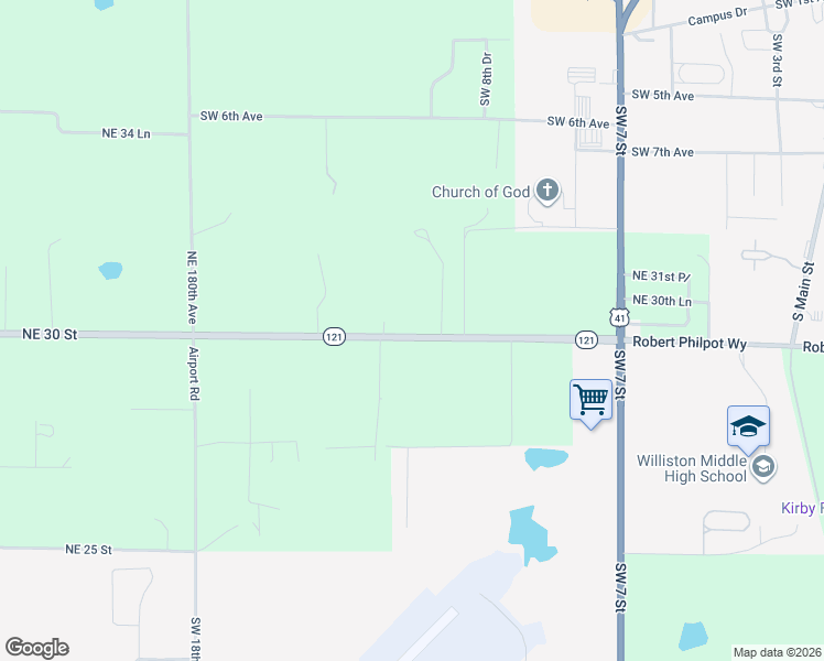 map of restaurants, bars, coffee shops, grocery stores, and more near 18691-18731 Northeast 30 Street in Williston