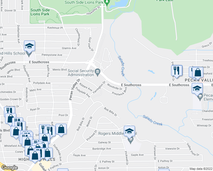 map of restaurants, bars, coffee shops, grocery stores, and more near 3510 Woodville Drive in San Antonio