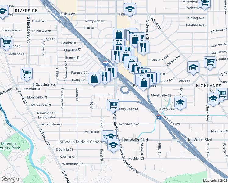 map of restaurants, bars, coffee shops, grocery stores, and more near 4423 South New Braunfels Avenue in San Antonio