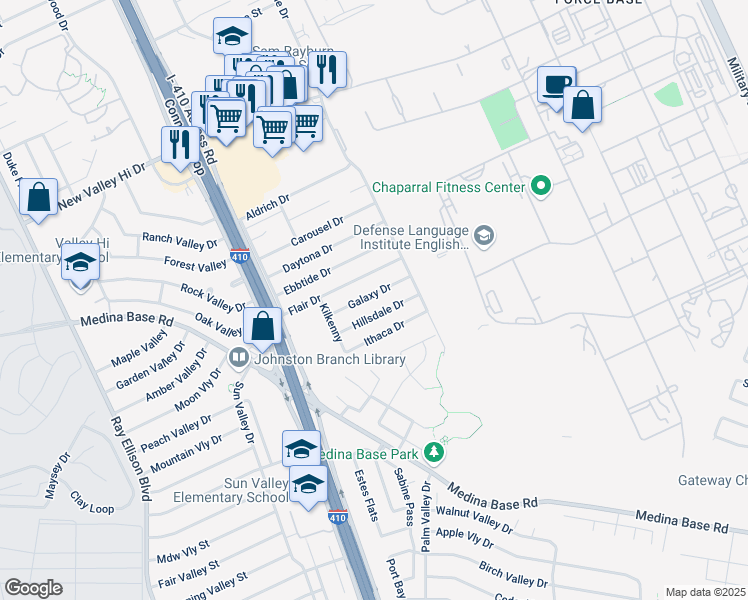 map of restaurants, bars, coffee shops, grocery stores, and more near 130 Galaxy Drive in San Antonio