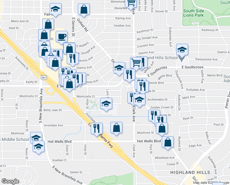 map of restaurants, bars, coffee shops, grocery stores, and more near 2618 Stratford Ct in San Antonio