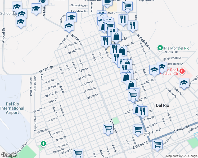 map of restaurants, bars, coffee shops, grocery stores, and more near 149 East 11th Street in Del Rio