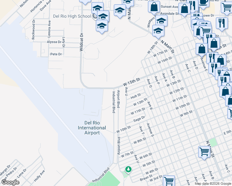 map of restaurants, bars, coffee shops, grocery stores, and more near 512 Airport Boulevard in Del Rio