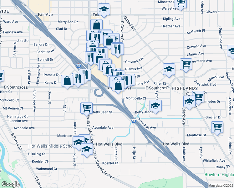 map of restaurants, bars, coffee shops, grocery stores, and more near 2362 South Gevers Street in San Antonio