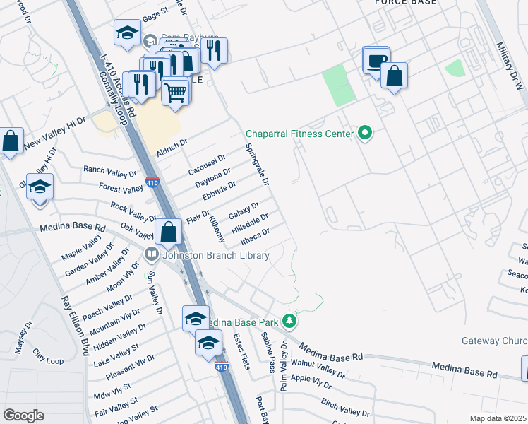 map of restaurants, bars, coffee shops, grocery stores, and more near 115 Hillsdale Drive in San Antonio