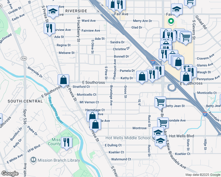 map of restaurants, bars, coffee shops, grocery stores, and more near 346 Stratford Court in San Antonio
