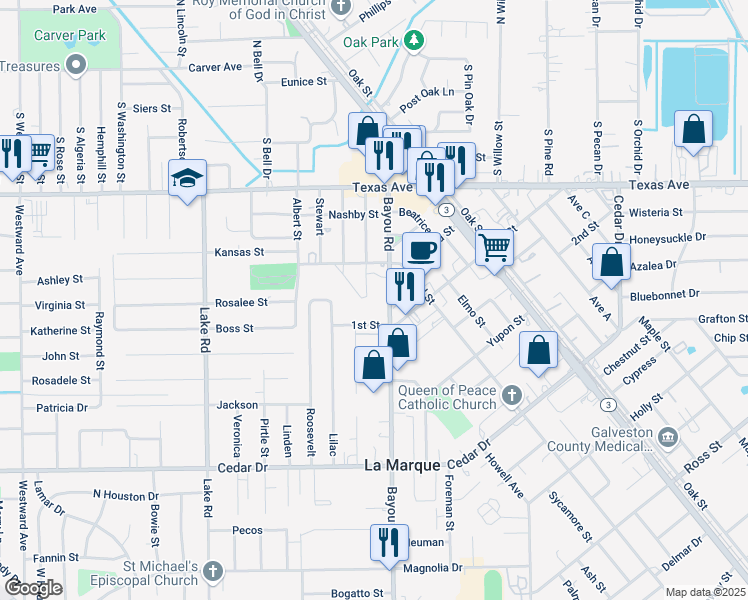 map of restaurants, bars, coffee shops, grocery stores, and more near 606 Bayou Road in La Marque