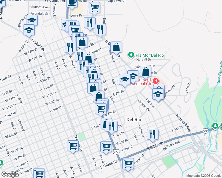 map of restaurants, bars, coffee shops, grocery stores, and more near 703 East 9th Street in Del Rio