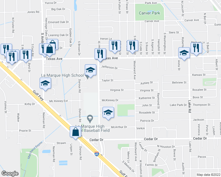 map of restaurants, bars, coffee shops, grocery stores, and more near 3128 Virginia Street in La Marque