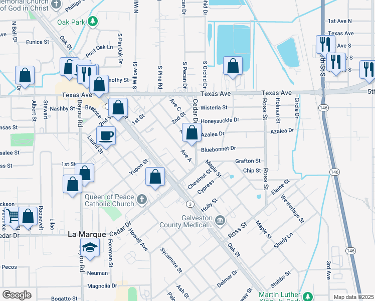 map of restaurants, bars, coffee shops, grocery stores, and more near 619 Bluebonnet Drive in La Marque