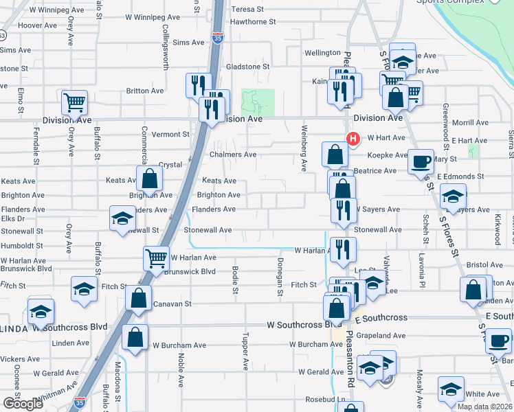 map of restaurants, bars, coffee shops, grocery stores, and more near 526 Flanders Avenue in San Antonio