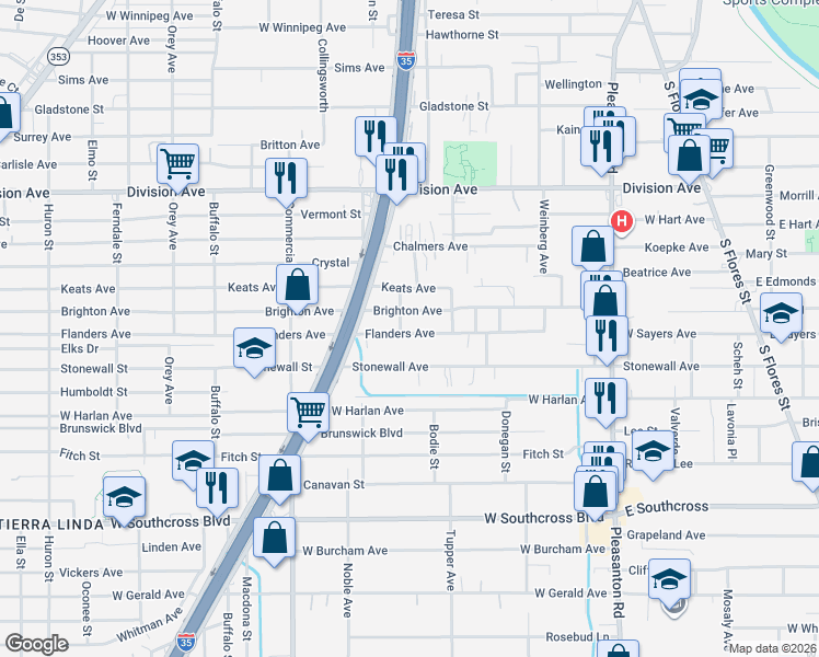 map of restaurants, bars, coffee shops, grocery stores, and more near 643 Flanders Avenue in San Antonio