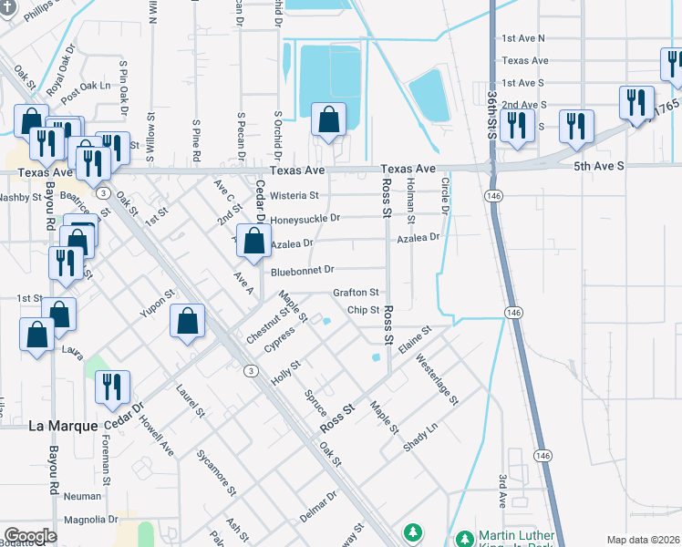 map of restaurants, bars, coffee shops, grocery stores, and more near 502 Grafton Street in La Marque