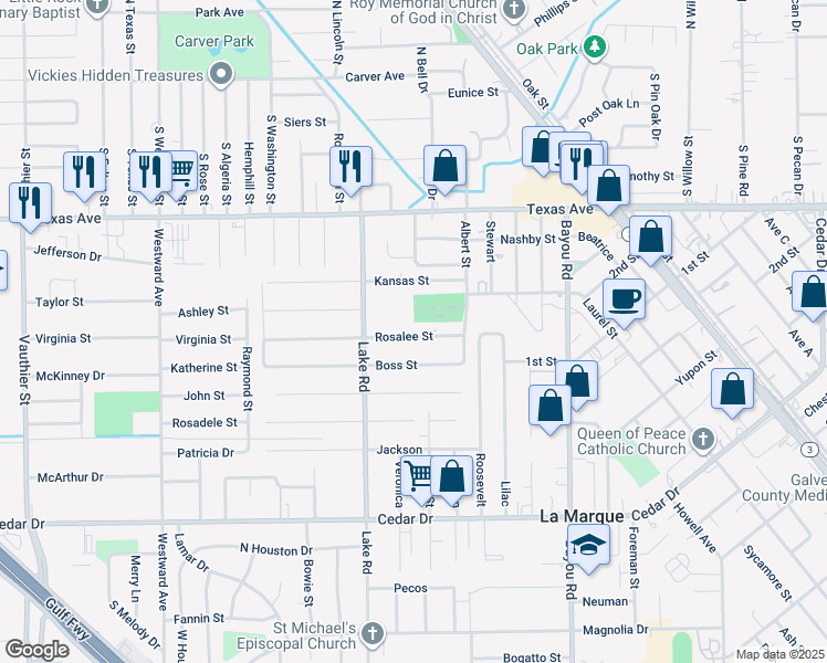 map of restaurants, bars, coffee shops, grocery stores, and more near 1810 Rosalee Street in La Marque