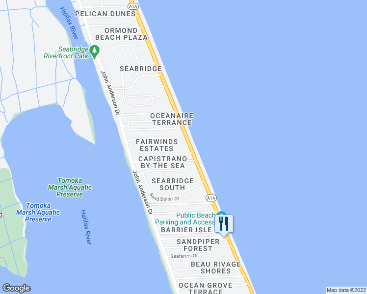 map of restaurants, bars, coffee shops, grocery stores, and more near 3360 Ocean Shore Boulevard in Ormond Beach