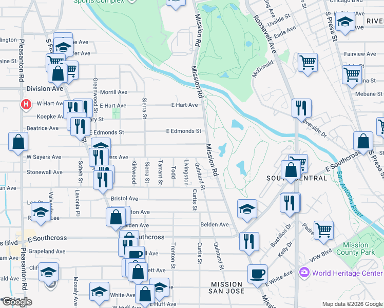 map of restaurants, bars, coffee shops, grocery stores, and more near 102 Livingston in San Antonio