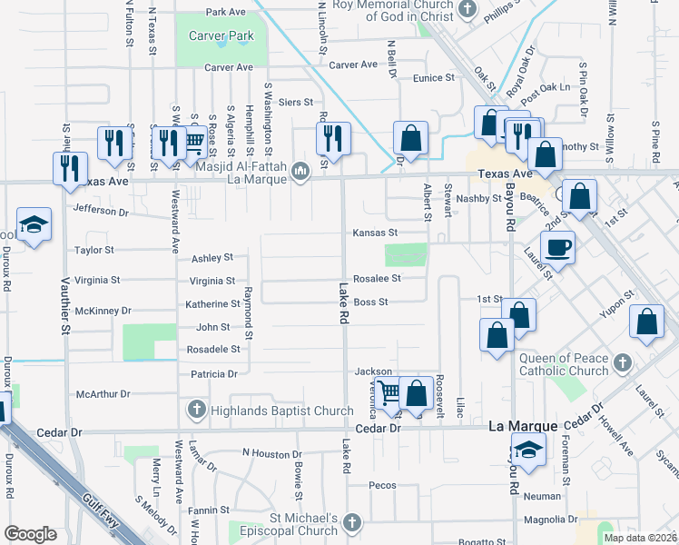 map of restaurants, bars, coffee shops, grocery stores, and more near 1901 Rosalee Street in La Marque