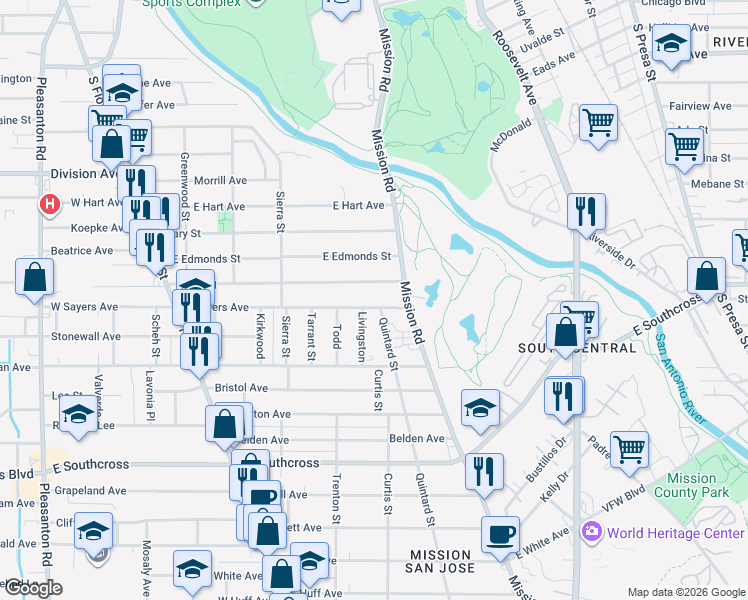map of restaurants, bars, coffee shops, grocery stores, and more near 102 Livingston in San Antonio