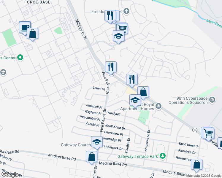 map of restaurants, bars, coffee shops, grocery stores, and more near 22 Five Palms Drive in San Antonio