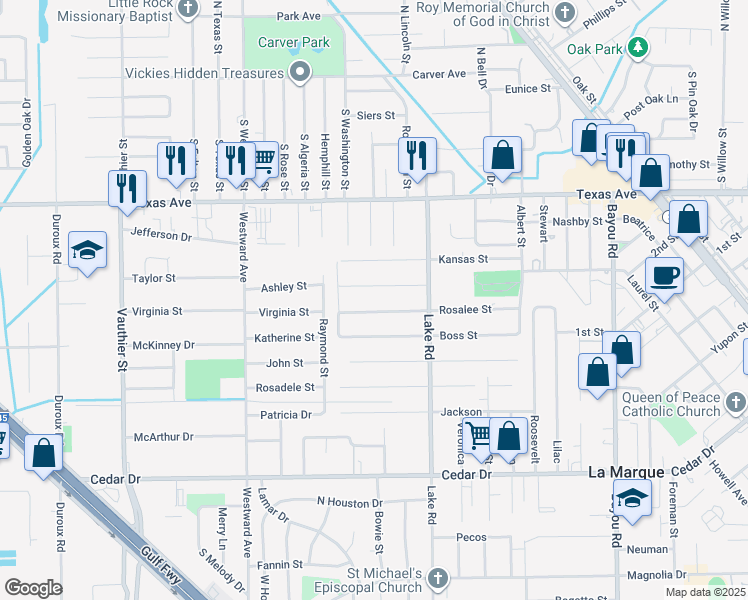 map of restaurants, bars, coffee shops, grocery stores, and more near 2604 Rosalee Street in La Marque