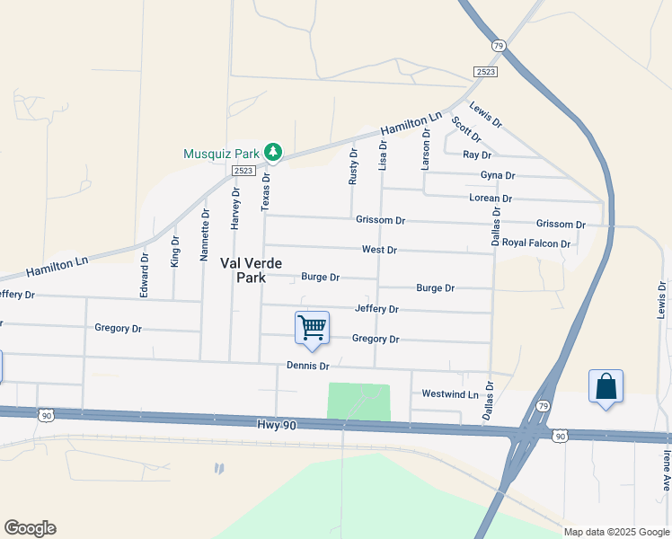 map of restaurants, bars, coffee shops, grocery stores, and more near in Val Verde Park
