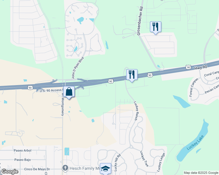 map of restaurants, bars, coffee shops, grocery stores, and more near 12260 U.S. 90 Access Road in San Antonio
