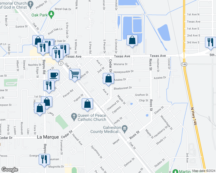 map of restaurants, bars, coffee shops, grocery stores, and more near 619 Bluebonnet Drive in La Marque